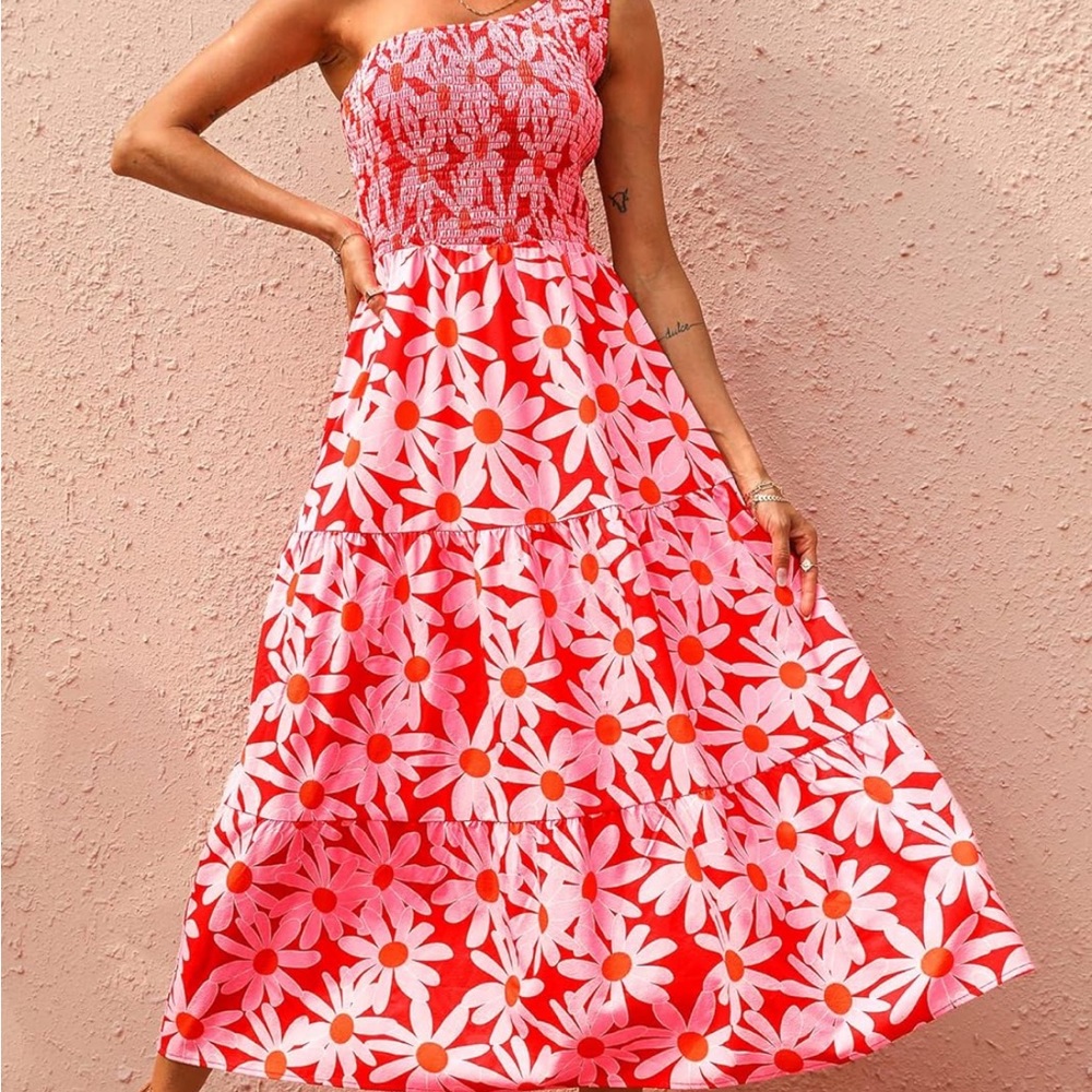 Women One Shoulder Smocked Maxi Dress